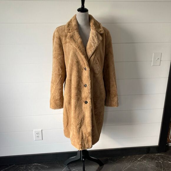 DKNY Women's Large Faux Fur Overcoat Tan Camel Long Winter Warm Soft Coat - Picture 1 of 13
